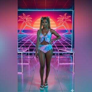 One pice swimsuit  Girlandsea PINK &  LIGHT BLUE  multi RUFFLE DETAILS